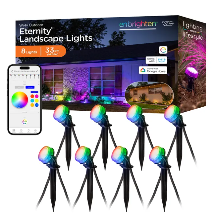 A collection of Enbrighten Wi-Fi Vibe Color Changing Eternity Landscape Lights displayed in front of a house, featuring 8 colorful LED lights on stakes, with a smartphone interface showing color customization options.