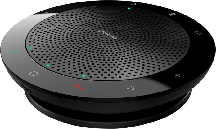 A Jabra Speak 510 conference speaker shown from the top, featuring a sleek black design with a circular shape, multiple buttons for volume control, a power button, and indicator lights.