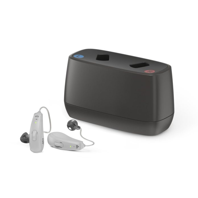 Jabra Enhance Select hearing aids with a charging case, featuring two earpieces, designed for improved audio experience.
