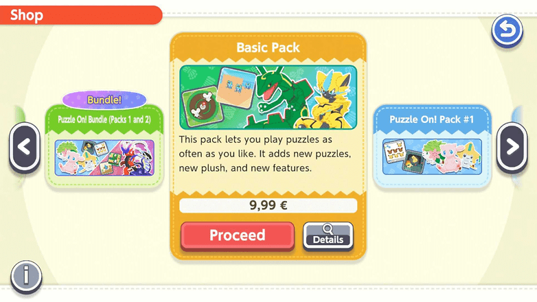 Shop interface displaying puzzle packs and pricing information.