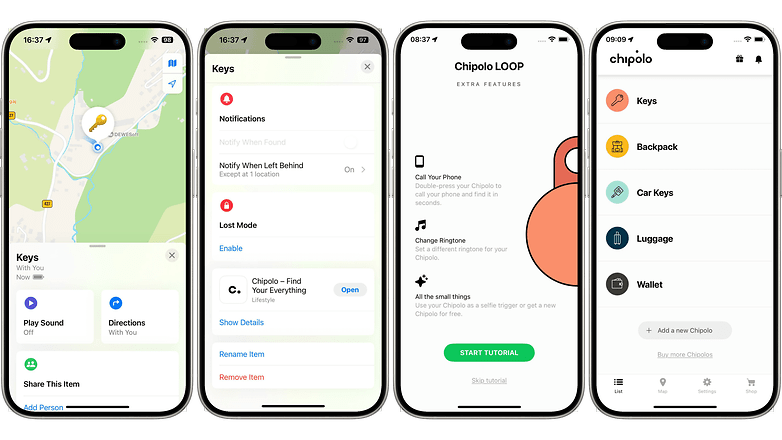 Screenshots of the Chipolo item tracker app showing location, notifications, and features.