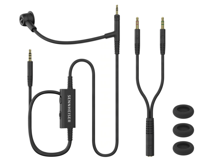 Image of the Sennheiser HD 500 BAM microphone accessory, featuring a boom mic with a 4-pole 3.5 mm plug, an in-line volume control unit, a Y-adapter for PCs, and three windscreens.