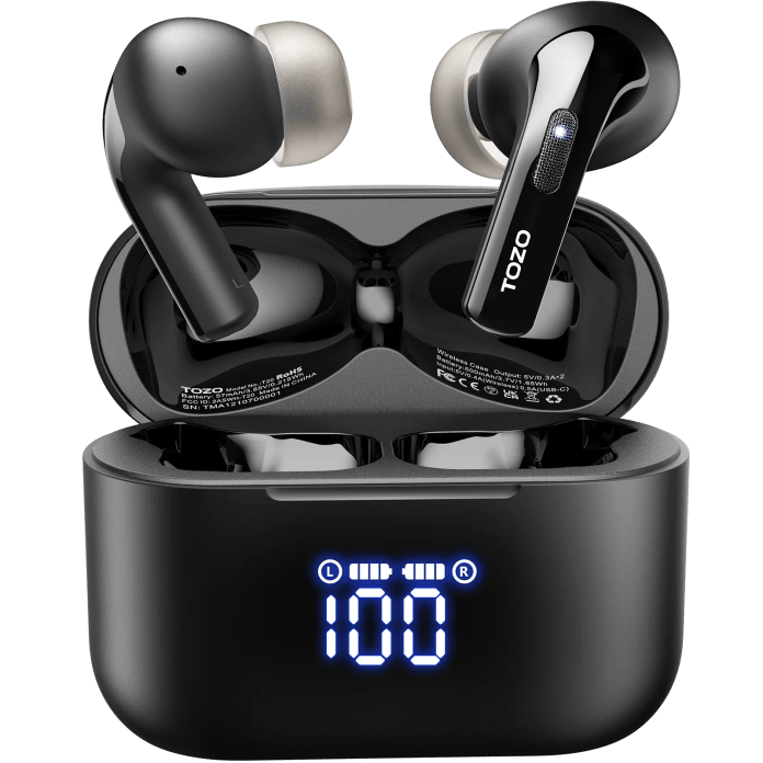 A pair of TOZO T20 Bluetooth earbuds displayed in their charging case, showing a digital battery percentage readout.