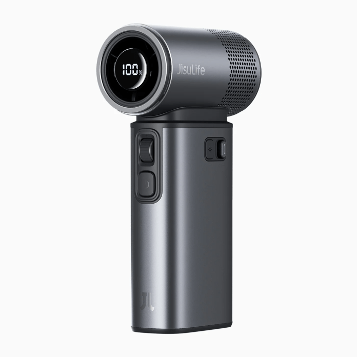 A sleek JisuLife Handheld Fan Ultra2 featuring a digital display, adjustable speed settings, and a compact design suitable for travel.