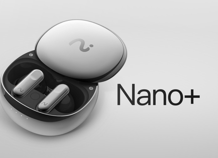 Close-up of the Viaim Nano+ earbuds displayed in their charging case with the brand name visible.