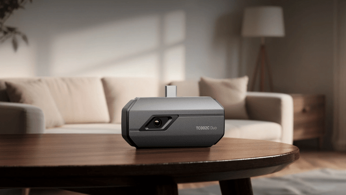 A compact thermal camera designed to enhance smartphone capabilities, placed on a wooden table in a cozy indoor setting.