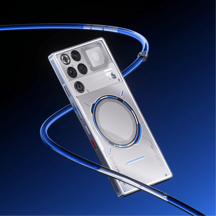 The back view of the REDMAGIC 11 Pro smartphone featuring a sleek design, visible camera array, and a dual liquid-and-air cooling system with a translucent blue cooling tube against a dark background.