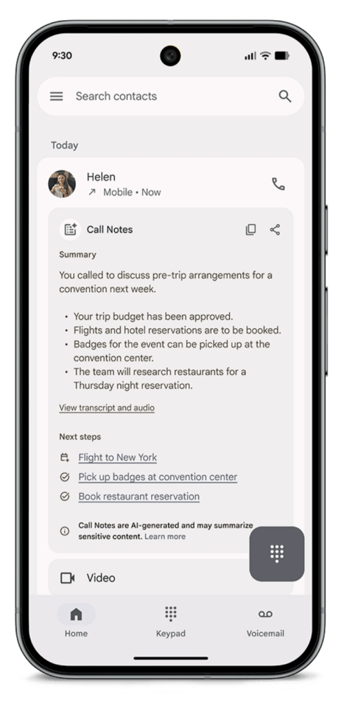 Screenshot of a smartphone interface showing Call Notes feature, summarizing a conversation about pre-trip arrangements with a contact named Helen.