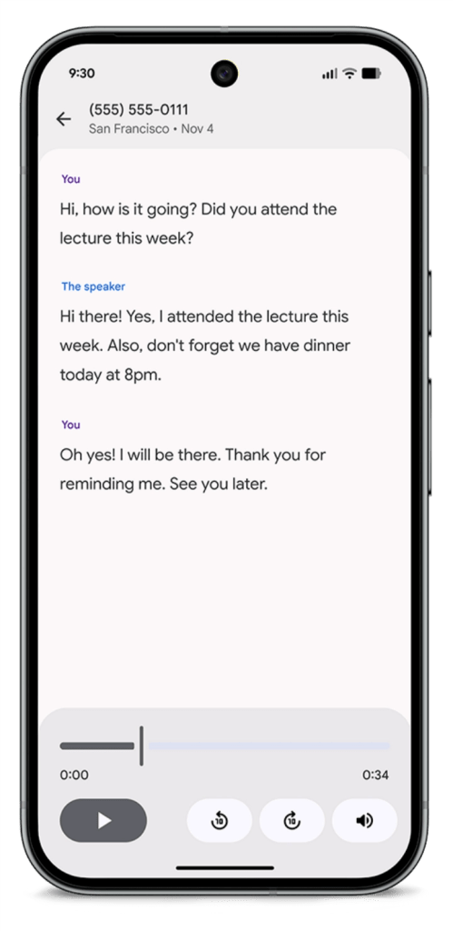A smartphone screen displaying a text conversation about attending a lecture, with audio recording controls and timestamps visible.