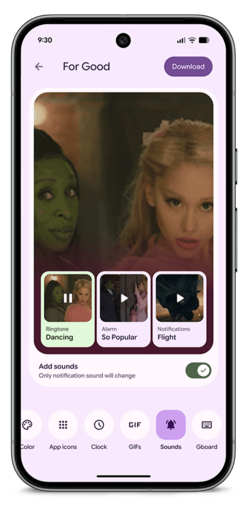 A smartphone screen displaying the 'For Good' theme pack from the musical Wicked, featuring customization options for ringtone, alarm, and notification sounds.