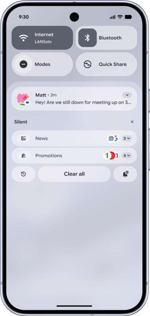 A smartphone screen displays a notification panel with options for Internet, Bluetooth, and quick sharing. A message from a contact named Matt reads, 'Hey! Are we still down for meeting up on S...'. Below, sections for silent notifications include categories for News and Promotions.