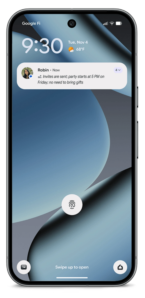 A smartphone displaying a notification from a contact named Robin, indicating an upcoming party. The screen shows the time and date, along with the temperature.
