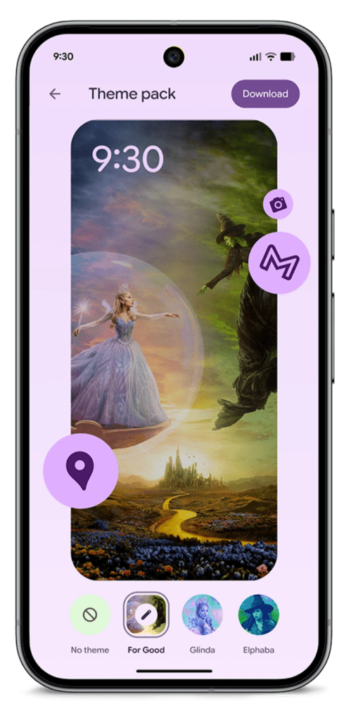 A smartphone displaying a theme pack interface inspired by _Wicked: For Good_, featuring characters in a mystical landscape and options for customizing the theme.