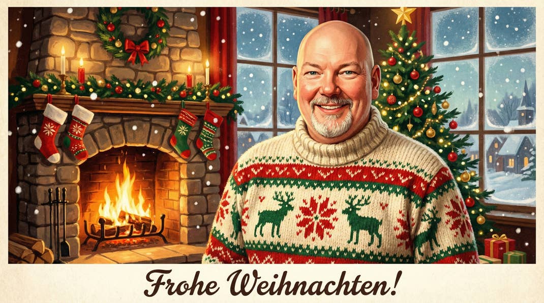 Weihnachtsgruß mit einem Casi vorm Kamin in Vintage-Optik