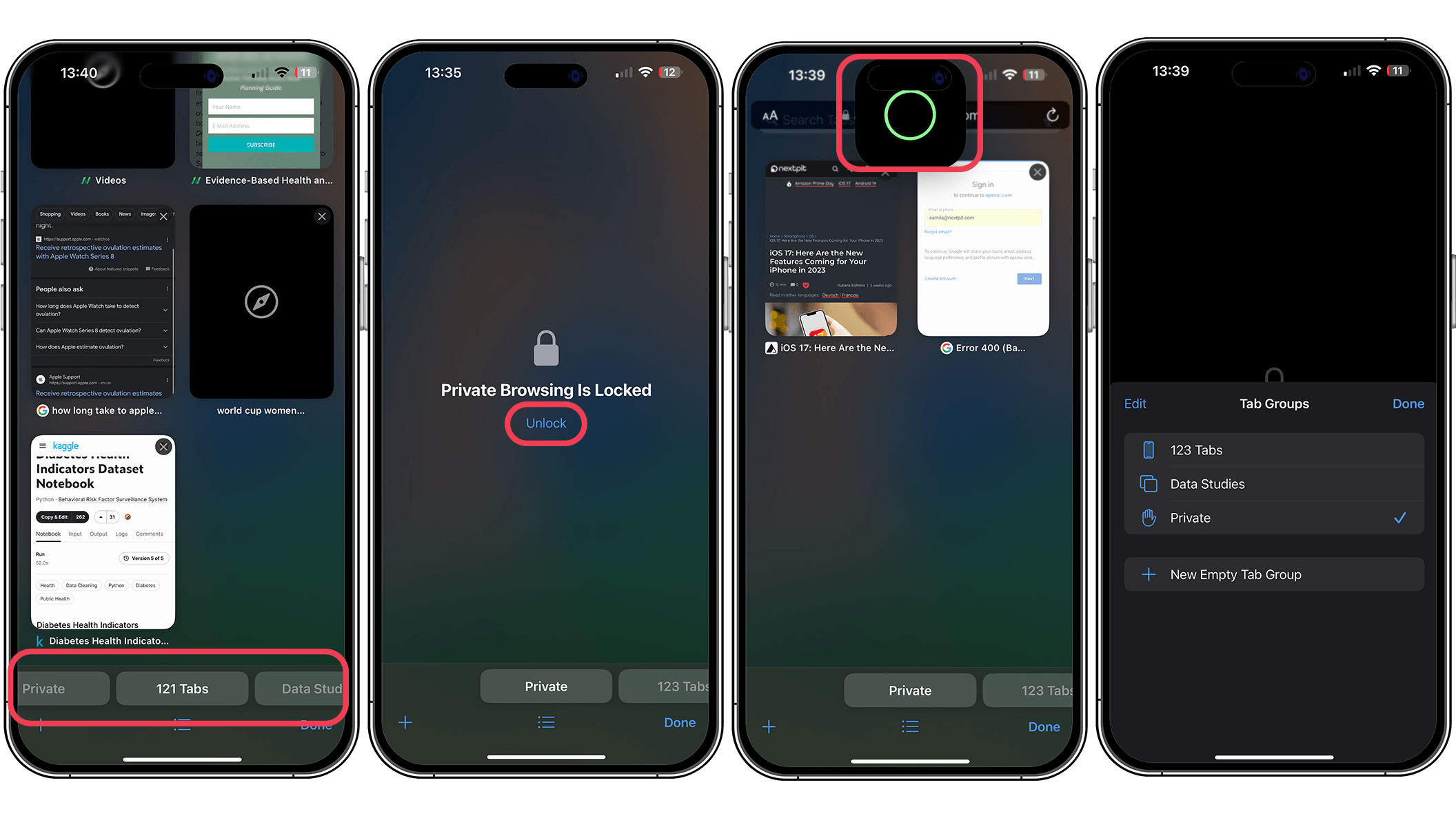 Screenshots of Safari Private Browsing Locker feature on iOS 17