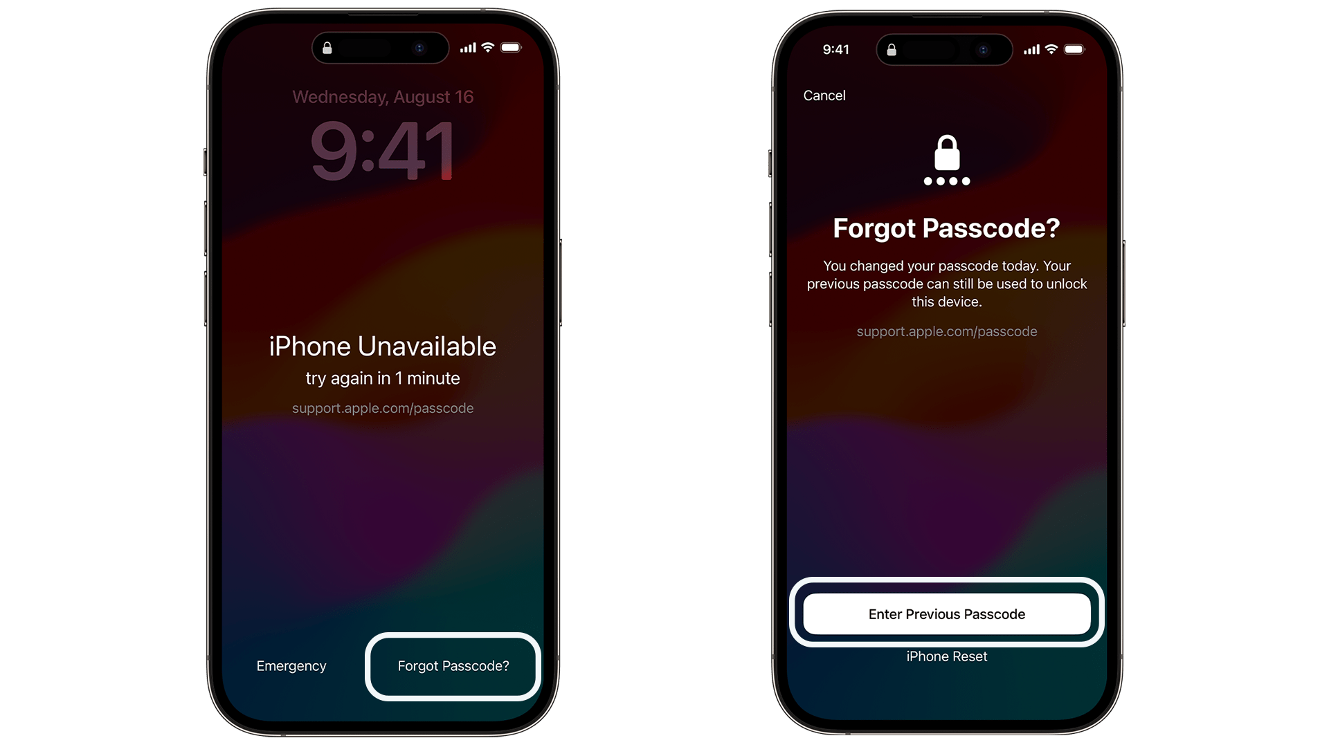 Screenshots showing how to reset passcode on iOS 17
