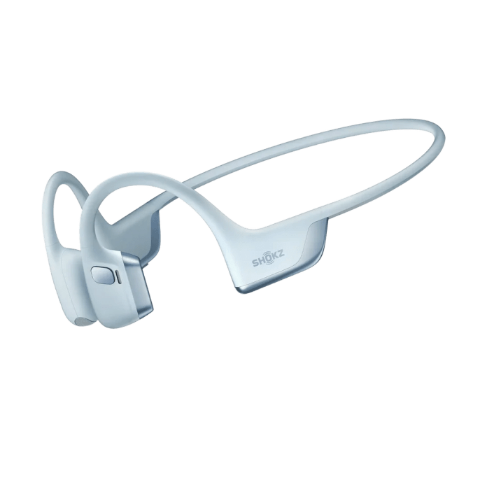 A pair of bone conduction headphones with a sleek design, featuring an adjustable headband and built-in controls.