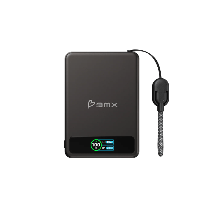 A compact black power bank with a digital display indicating battery level and charging power, featuring a textured charging cable attached.