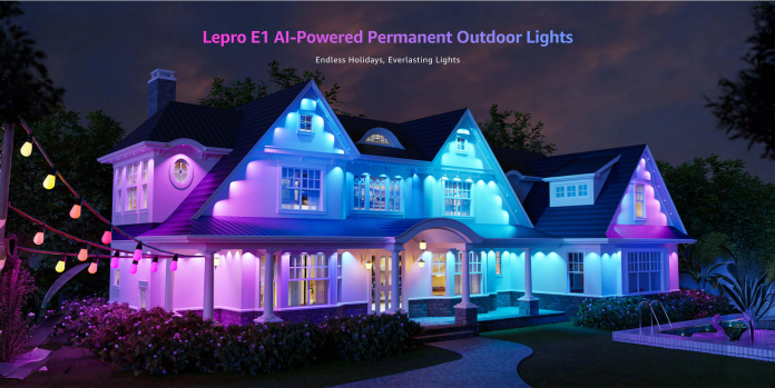 A brightly lit house featuring Lepro E1 AI-Powered permanent outdoor lights in various colors, with decorative string lights in the foreground and lush landscaping around the home.