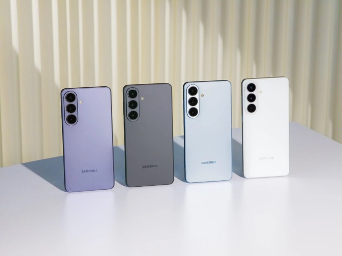 Four Samsung smartphones in different colors displayed on a table with a light-colored background.