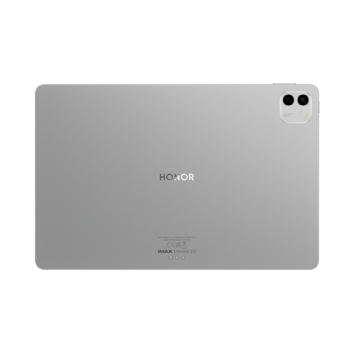 Back view of a silver HONOR tablet featuring dual cameras and IMAX Enhanced branding.