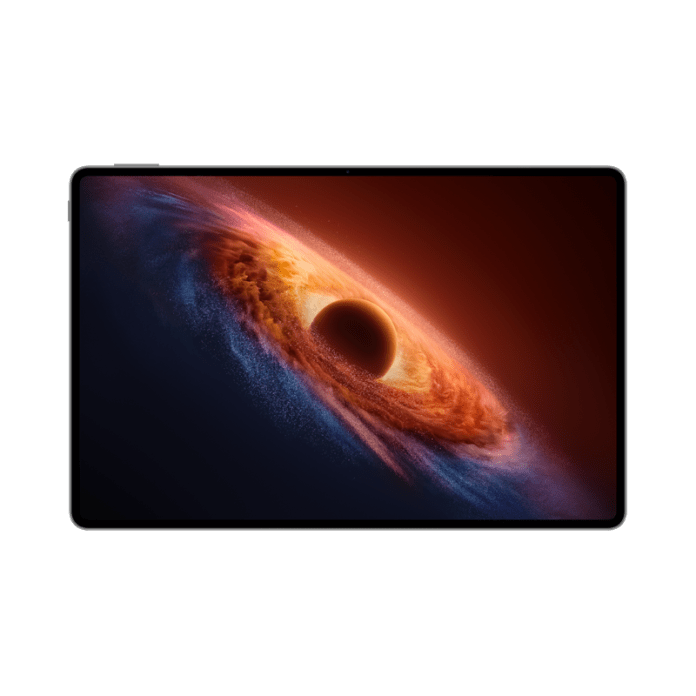 A sleek tablet displaying a cosmic scene featuring a black hole surrounded by swirling colorful gases and dust.