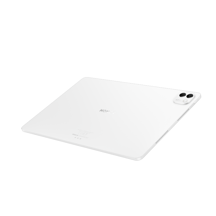 A sleek white tablet device viewed from an angle, showcasing its minimalist design and dual rear cameras.