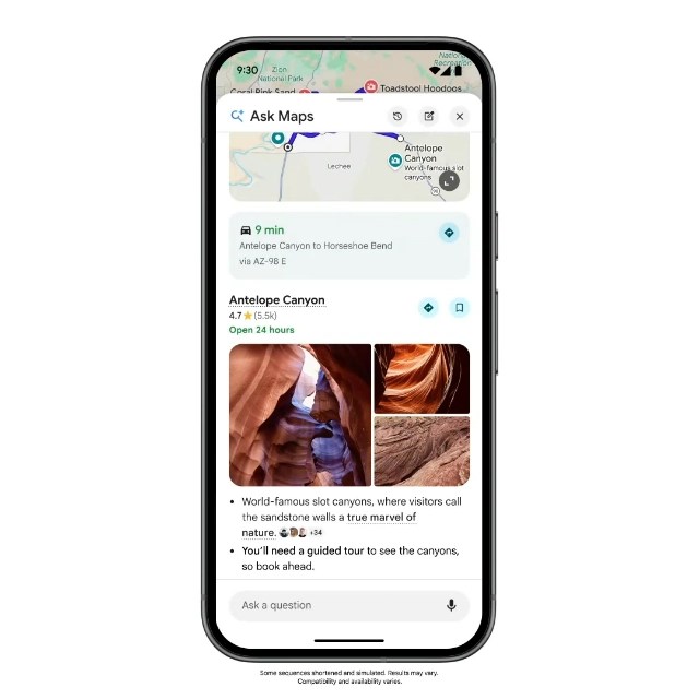 Mobile phone displaying a map interface for Antelope Canyon, showing directions, user ratings, and photos of the canyon's sandstone formations.