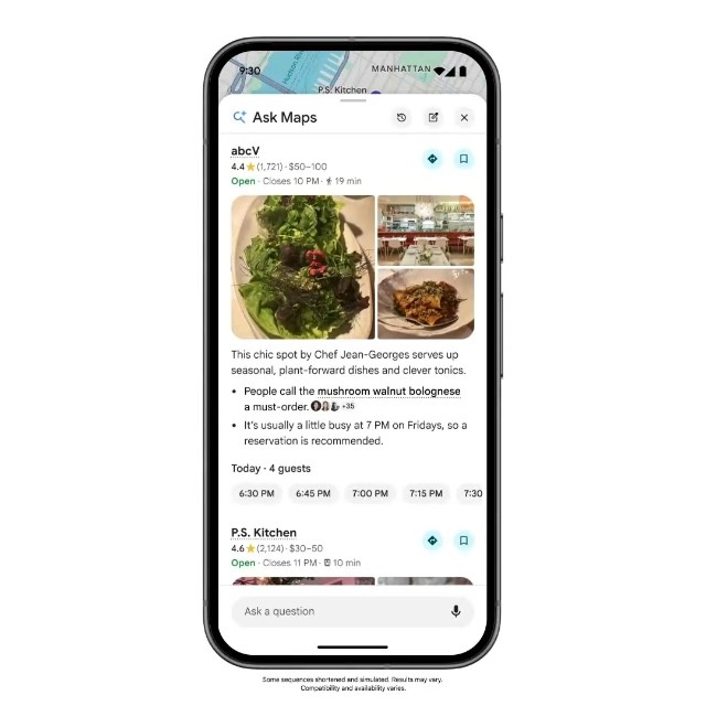 Screenshot of a mobile app interface displaying restaurant information, including ratings, pricing, hours, and menu highlights for abcV and P.S. Kitchen.