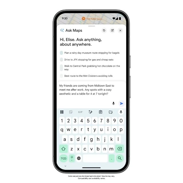 A smartphone displaying a mapping app interface, featuring a conversation prompt asking for location-based suggestions and information.