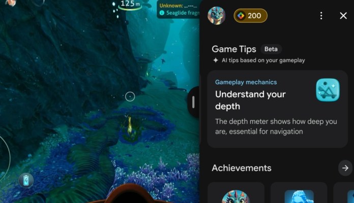 Underwater scene depicting a depth meter showing 125 meters, with gameplay tips on understanding depth and navigation, and colorful marine life surrounding the area.