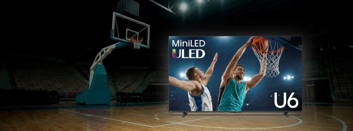 A basketball court featuring a hoop in the background with a large television screen displaying a basketball game. The screen highlights the MiniLED ULED technology with an athlete making a dunk.