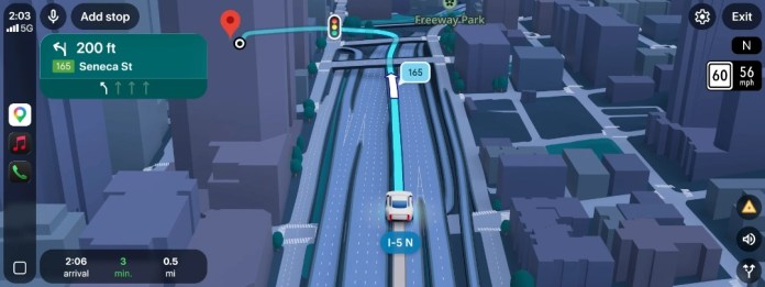A 3D navigation map displaying a car on a road with directions to turn onto Seneca St, along with estimated arrival time and speed limit.