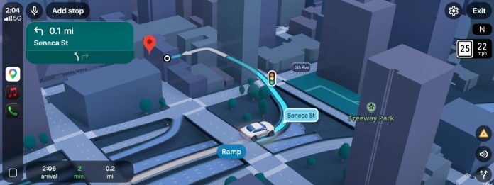 3D navigation map showing a route to Seneca St with a car icon, traffic light, and nearby landmarks in an urban setting.