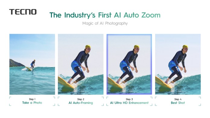A visual guide showing TECNO's AI Auto Zoom feature, depicting four steps: 'Take a Photo', 'AI Auto-Framing', 'AI Ultra HD Enhancement', and 'Best Shot'. The images illustrate a surfer riding a wave, emphasizing the photography process.