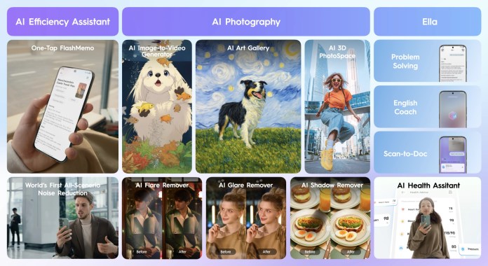 A series of AI applications including AI Efficiency Assistant, AI Photography tools, and AI Health Assistant showcased in a grid format.
