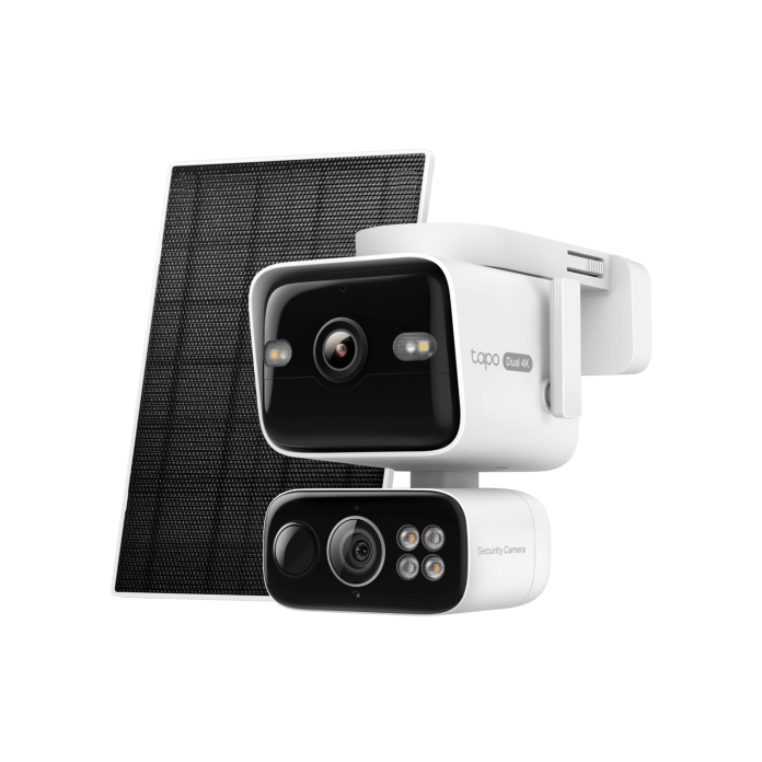 A dual camera security system by Tapo featuring a solar panel for power, designed for outdoor surveillance.