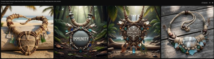 Four decorative immunity necklaces displayed in a tropical setting, each uniquely crafted with natural materials such as wood, beads, and shells, featuring the word 'IMMUNITY' prominently.