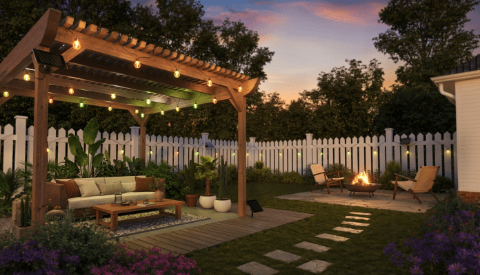A cozy backyard setting featuring a wooden pergola with string lights, comfortable seating on a deck, potted plants, and a fire pit surrounded by stone pathways and chairs, all set against a sunset sky.