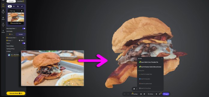 A detailed 3D rendering of a gourmet burger, featuring bacon and melted cheese, displayed next to a user interface for customization options.