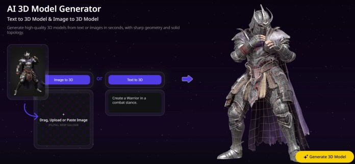 An interface for an AI 3D model generator, featuring options to convert images or text into 3D models. On the left, a warrior figure in armor is displayed, while on the right, input options are provided to either drag an image or enter text to create a 3D model.