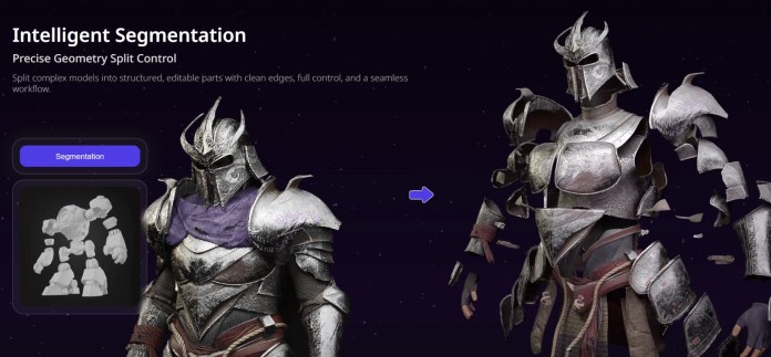 An armored knight character showcasing intelligent segmentation technology, with a highlighted section illustrating the split control process for complex models.