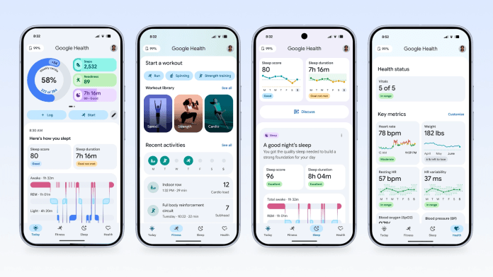 Screenshot of the Google Health app displaying sleep and fitness data, including sleep scores, workout options, health status, and key metrics such as heart rate and blood pressure.