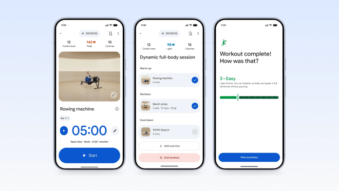 Three smartphone screens displaying a workout app: the first screen shows a rowing machine with workout details, the second screen lists a dynamic full-body session with warm-up, workout, and cool-down exercises, and the third screen indicates workout completion with a satisfaction rating.