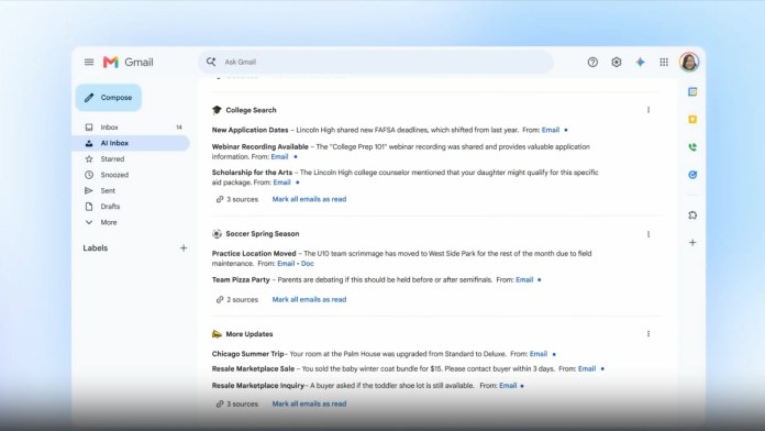 Screenshot of a Gmail inbox showing various emails related to college searches, soccer events, and updates, with sections for new application dates, webinar recordings, and messages regarding events and sales.