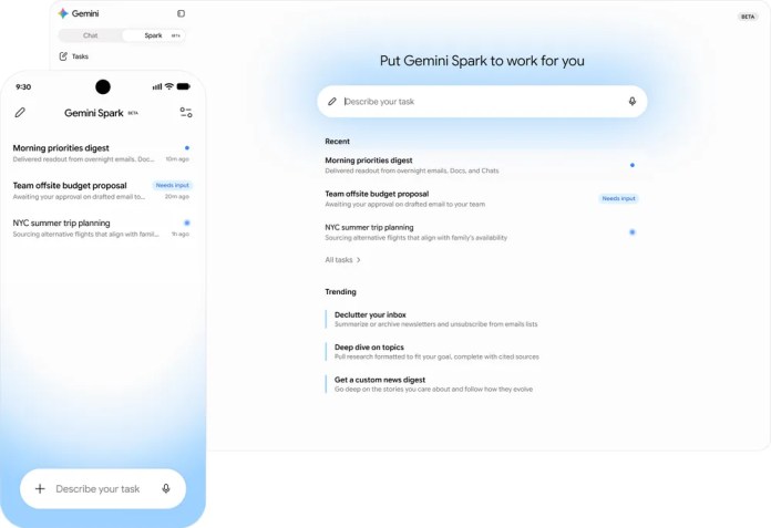 Screenshot of the Gemini Spark interface displaying task management features including 'Morning priorities digest', 'Team offsite budget proposal', and 'NYC summer trip planning'. A search bar is present for task descriptions.