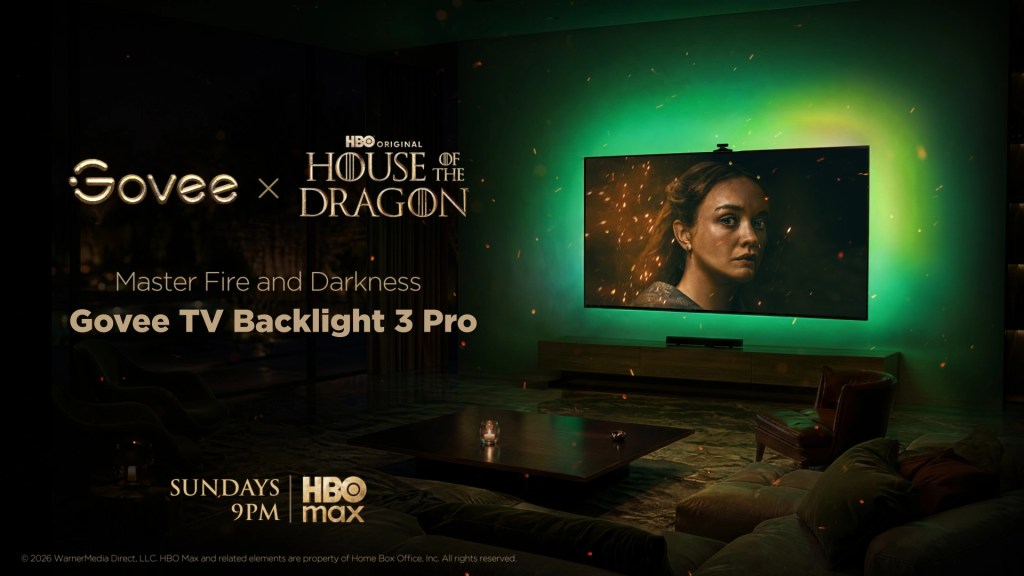 Promotional image for Govee House of the Dragon collaboration featuring a TV with ambient backlighting and a character portrait from the show, with text highlighting the Govee TV Backlight 3 Pro.