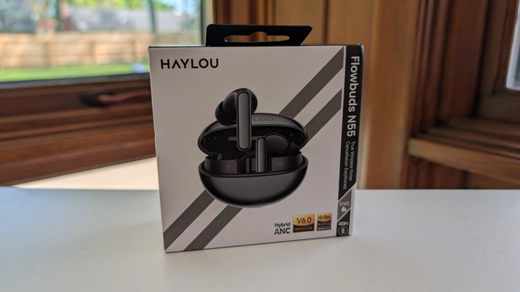 Haylou Flowbuds N55 wireless earbuds packaging with a black design, showcasing the earbuds in an open case.