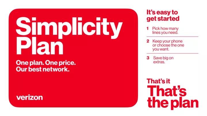 Promotional graphic for Verizon's Simplicity Plan, highlighting one plan, one price, and the best network. Includes steps to get started: choose the number of lines, keep or choose a phone, and save on extras.