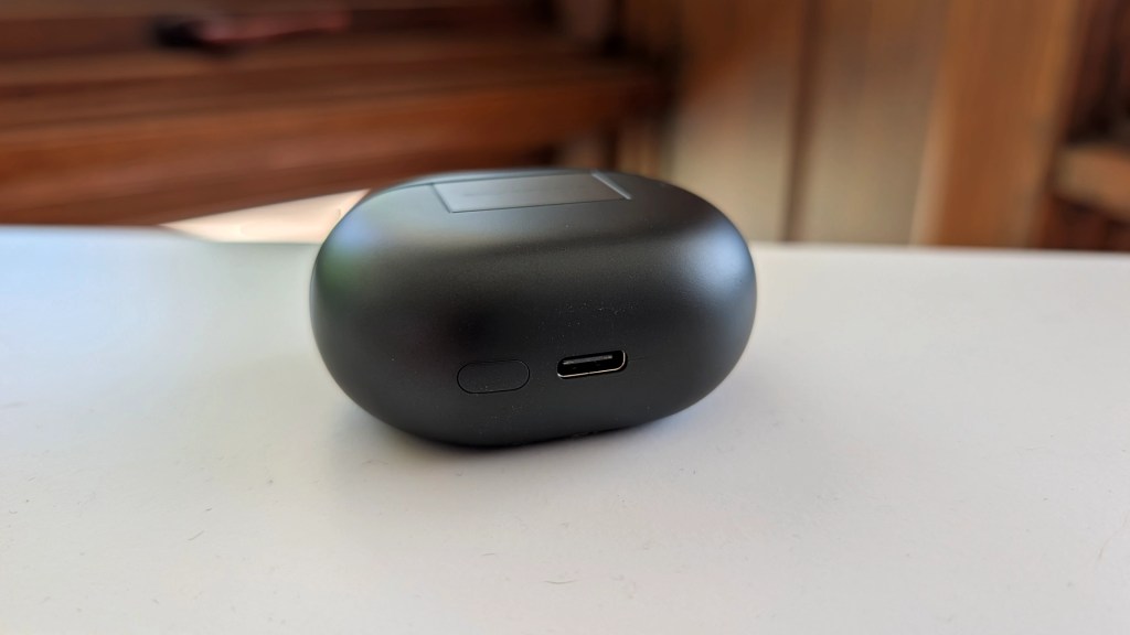 Close-up of a black wireless earbuds charging case showing a button and USB-C port.
